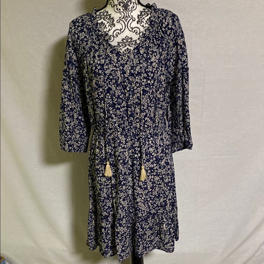 NAIF Blue and Cream Pullover 3/4 Sleeve Floral elastic waist ruffle hem Dress